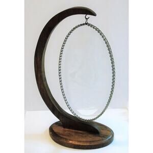 VTG Oval Etched GLASS SUNCATCHER + OAK WOOD STAND Sailboat Ocean Bird Chain Edge